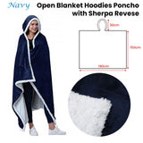 Adult Men Women Open Blanket Hoodie Poncho with Sherpa Fleece Reverse Navy - Front View