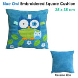 Blue Owl Embroidered Applique Square Cushion - Front View