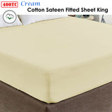 400TC Cream 100% Cotton Sateen Fitted Sheet King - Front View