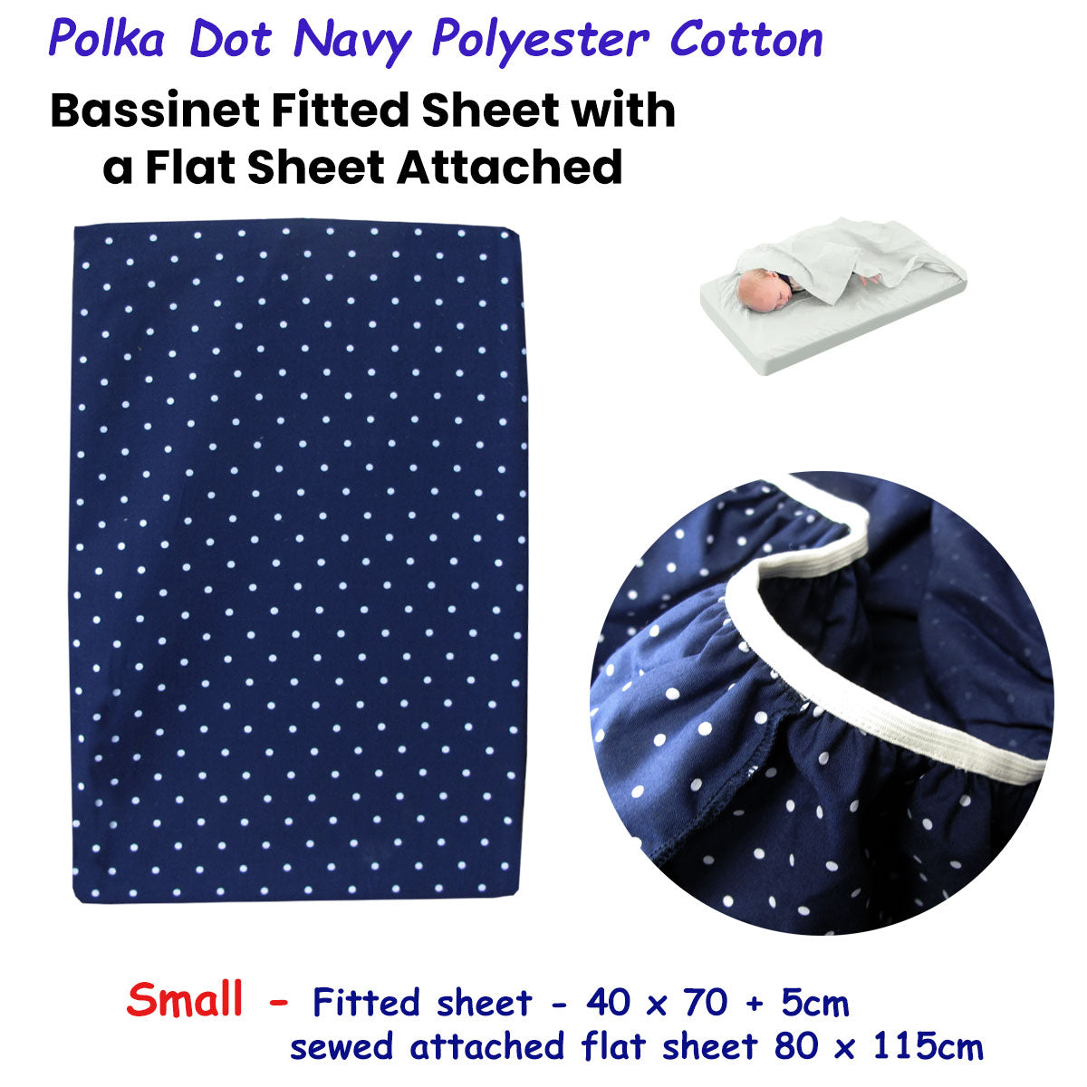 Navy Polka Dot Dual-Designed Bassinet Fitted Sheet with Attached Flat Sheet