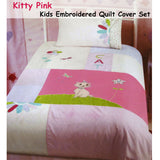 Kitty Cat Embroidered Quilt Cover Set Single - Front View