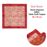 Christmas Red Rosie Sheer Organza Glitter Table Cloth Topper 90 x 90 cm - Front View