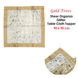 Christmas Gold Trees Sheer Organza Glitter Table Cloth Topper 90 x 90 cm - Front View
