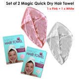 Set of 2 Magic Quick Dry Microfibre Hair Dryer Towels Pink + White - Front View
