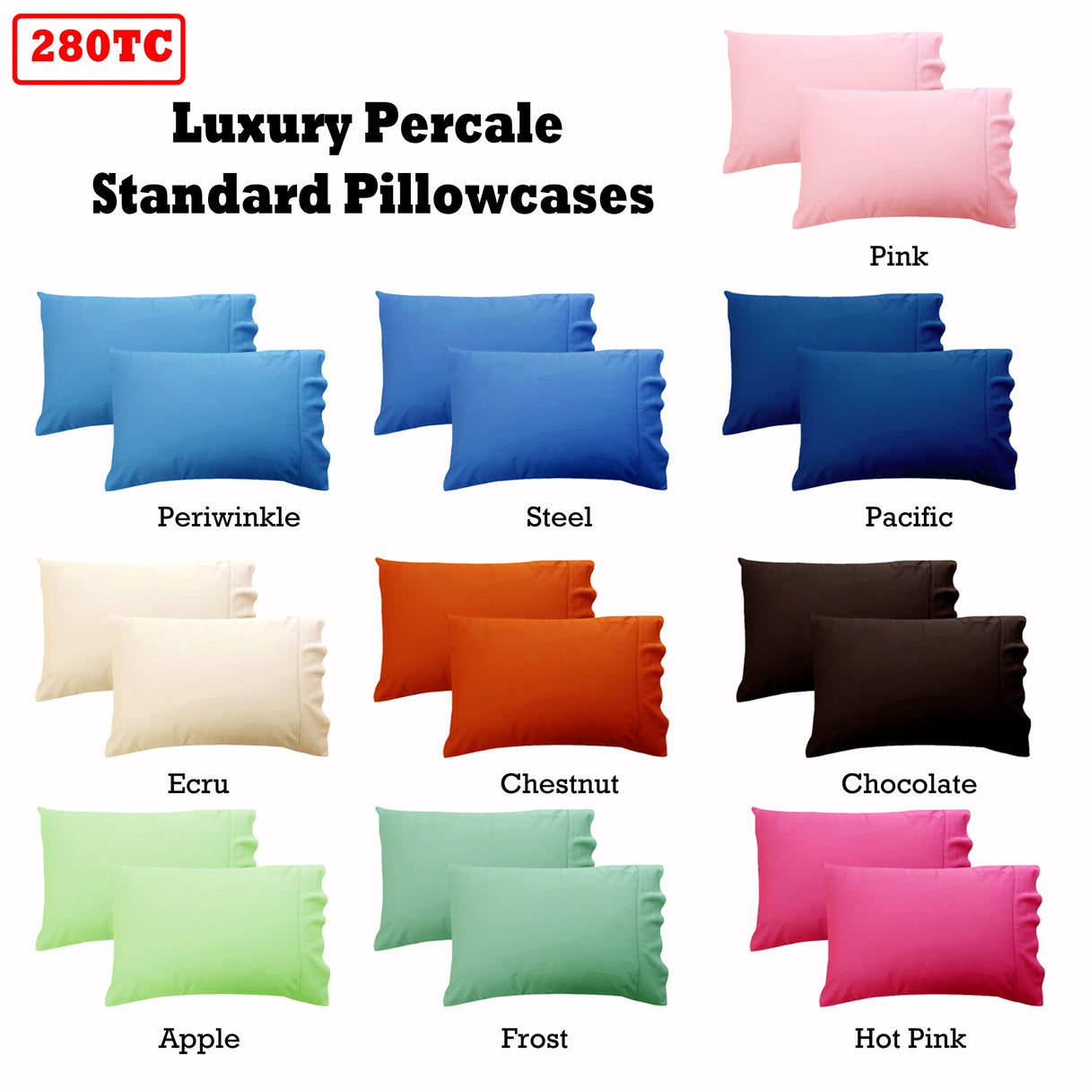 Luxury 280TC Solid Colour Percale Standard Pillowcases in Steel