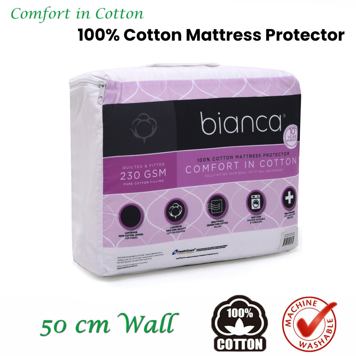 Bianca Double Cotton Mattress Protector with HealthGuard Treatment