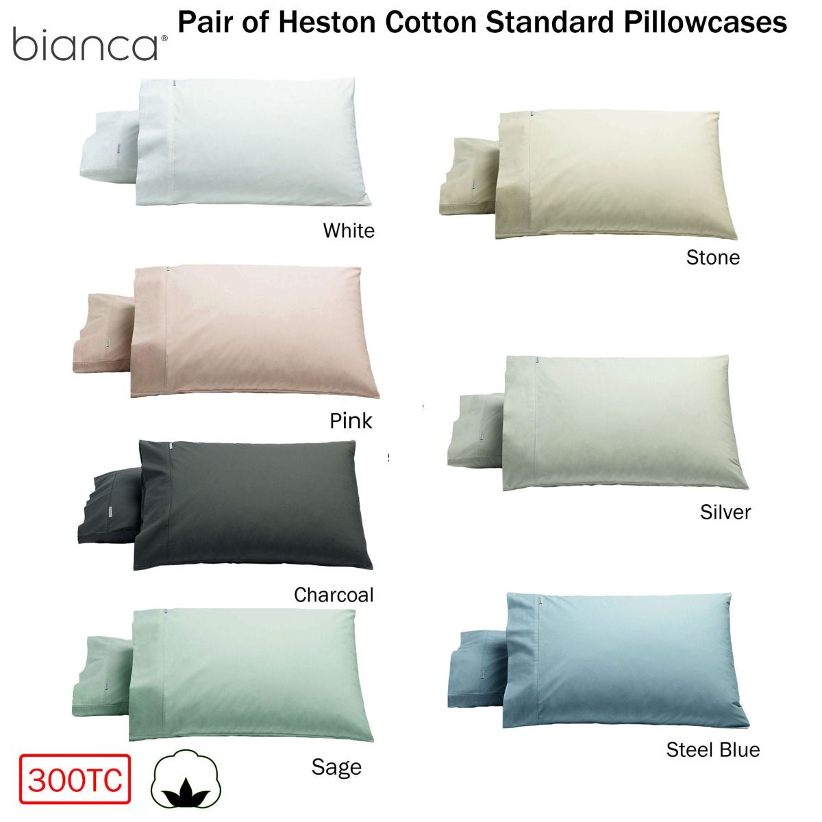 Bianca Pair of Heston Cotton Percale Standard Pillowcases Charcoal