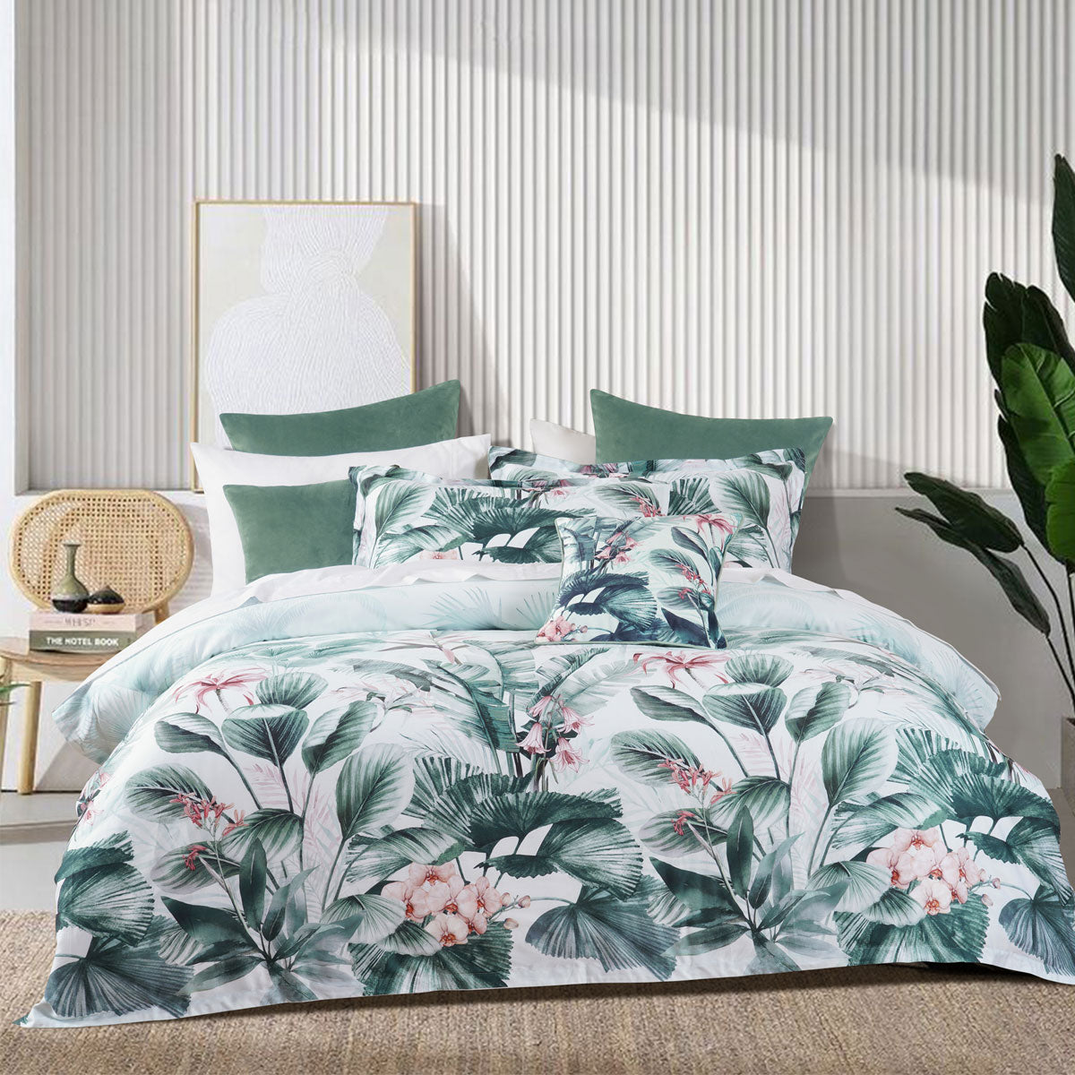 Bianca Abbey Green Cotton Sateen Tropical Floral Quilt Cover Set Queen