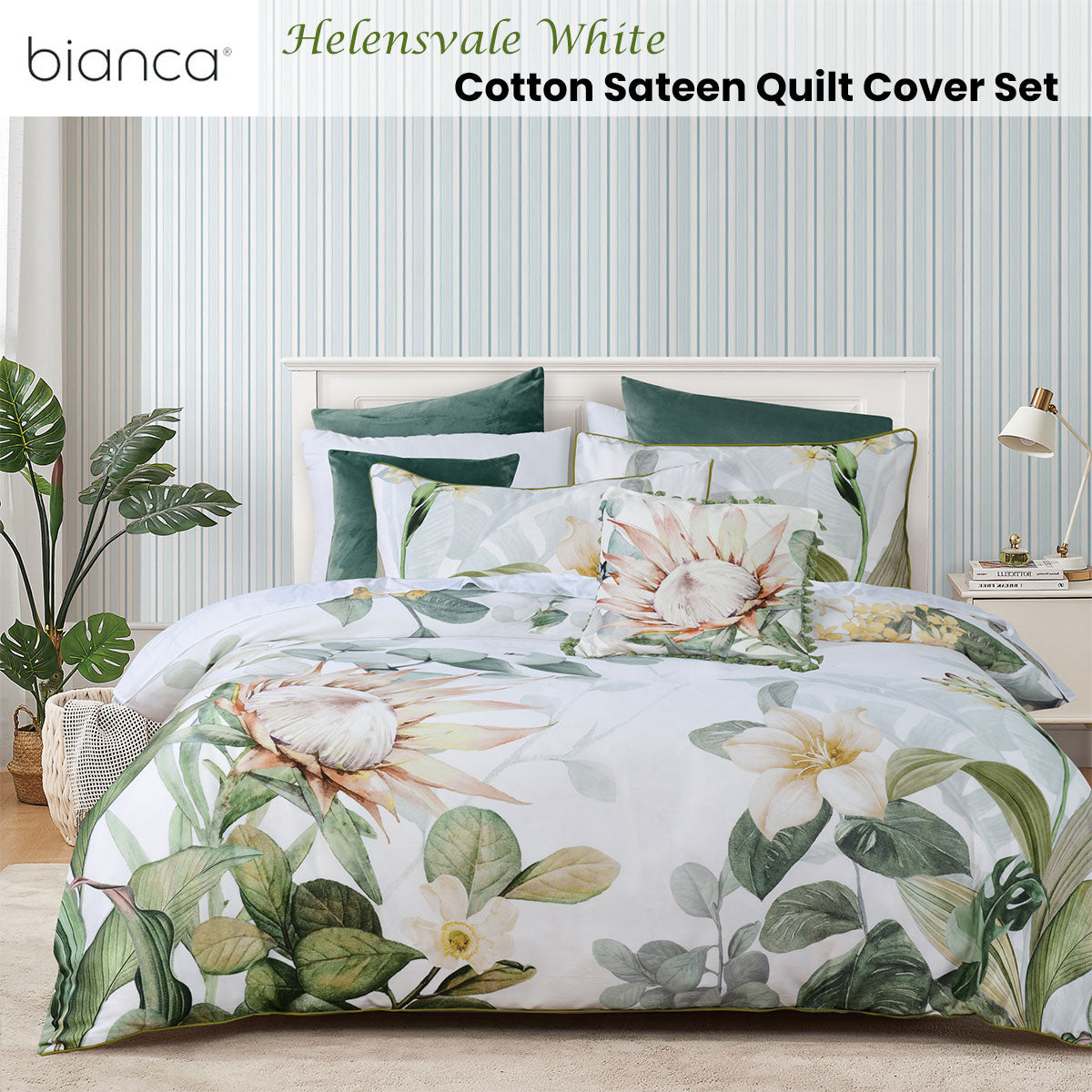 Bianca Helensvale White Floral Cotton Sateen Quilt Cover Set Queen
