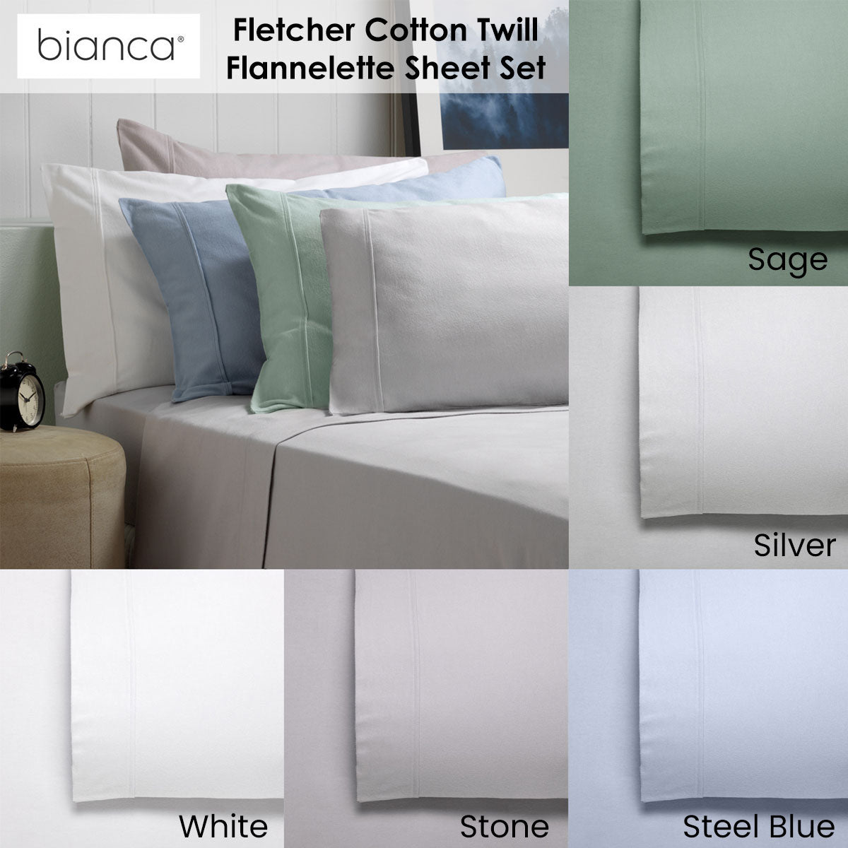 Bianca Fletcher Super Soft Silver Flannelette Cotton Sheet Set - King Size