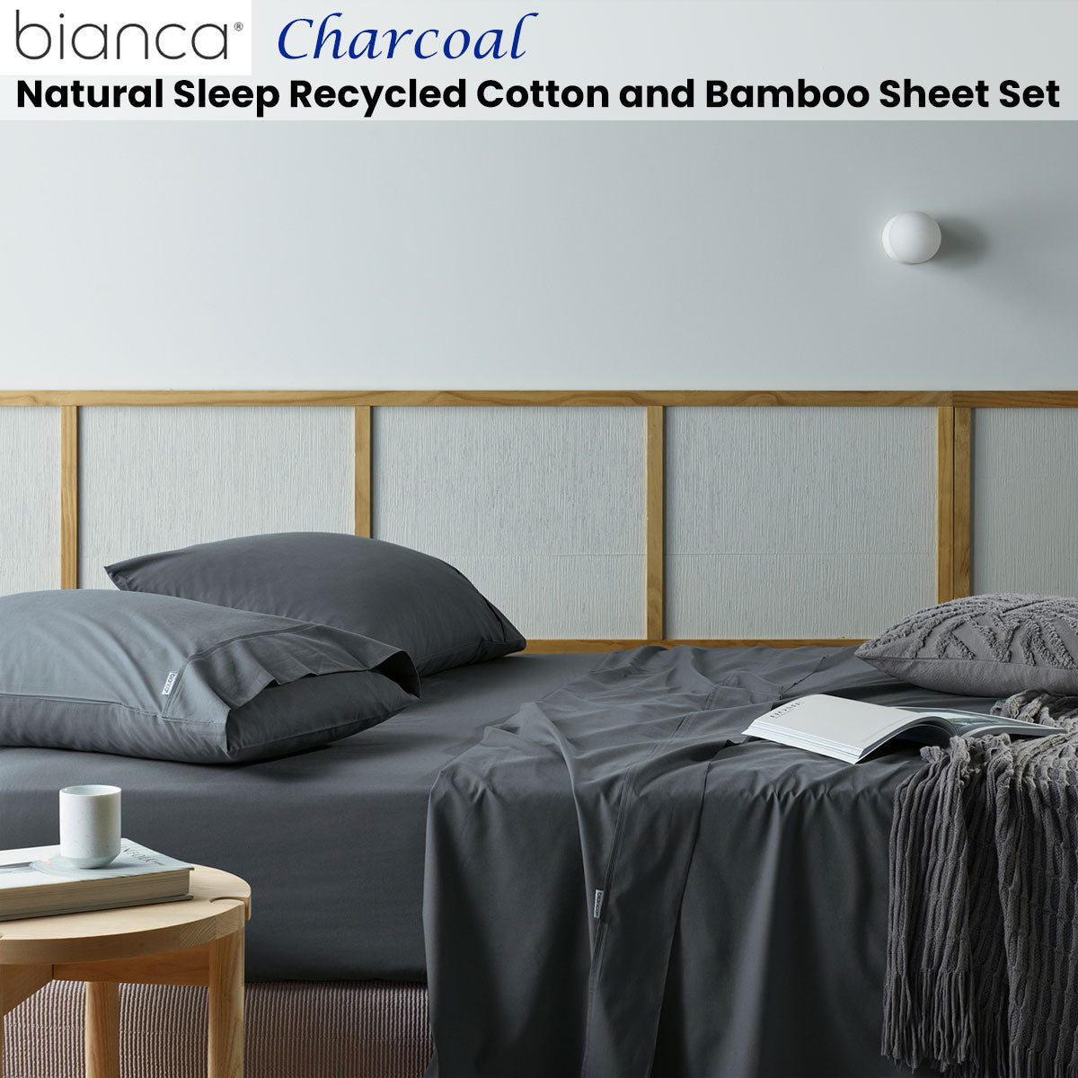 Sustainable Charcoal Super King Sheet Set - Bianca Natural Sleep Recycled Cotton and Bamboo