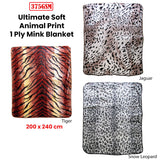 375gsm 1 Ply Animal Print Faux Mink Blanket Queen 200x240 cm Snow Leopard - Side View