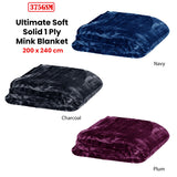375gsm 1 Ply Solid Faux Mink Blanket Queen 200x240 cm Charcoal - Front View