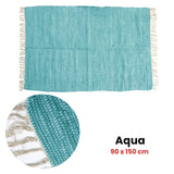 Large Chindi Cotton Handmade Floor Mat with Tassels 90 x 150 cm Aqua - Front View