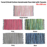 Tonal Chindi Cotton Handmade Floor Mat with Tassels 70 x 120 cm Green - Side View