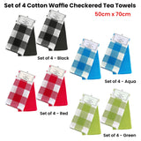 Set of 4 Cotton Waffle Checkered & Plain Dyed Tea Towels 50cm x 70cm Aqua - Front View