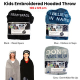 Kids Embroidered Hooded Throw Rug 100 x 125cm Grey Don't Wake Me Up - Front View
