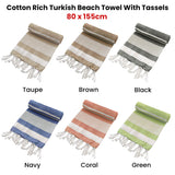 Cotton Rich Large Turkish Beach Towel with Tassels 80cm x 155cm Black - Front View