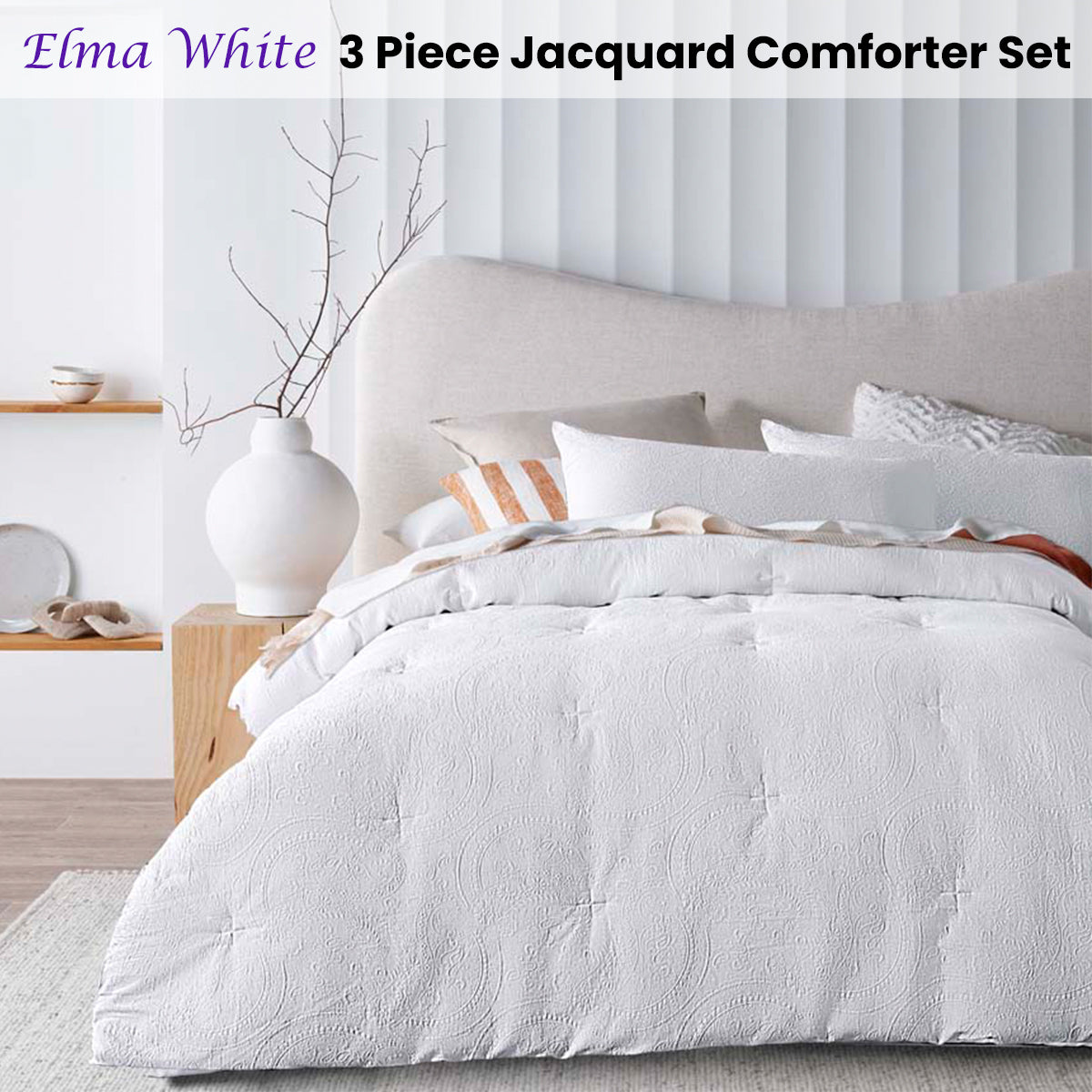Elma White Jacquard Queen 3-Piece Comforter Set by Accessorize