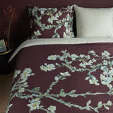 Bedding House Van Gogh Blossom Dark Red Cotton Quilt Cover Set Queen - Top-Down View