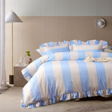 Vintage Design Homewares Candy Ruffle Blue Striped Washed Cotton Quilt Cover Set King