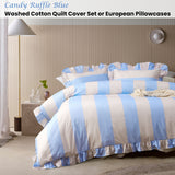 Vintage Design Homewares Candy Ruffle Blue Striped Washed Cotton Quilt Cover Set King - Front View
