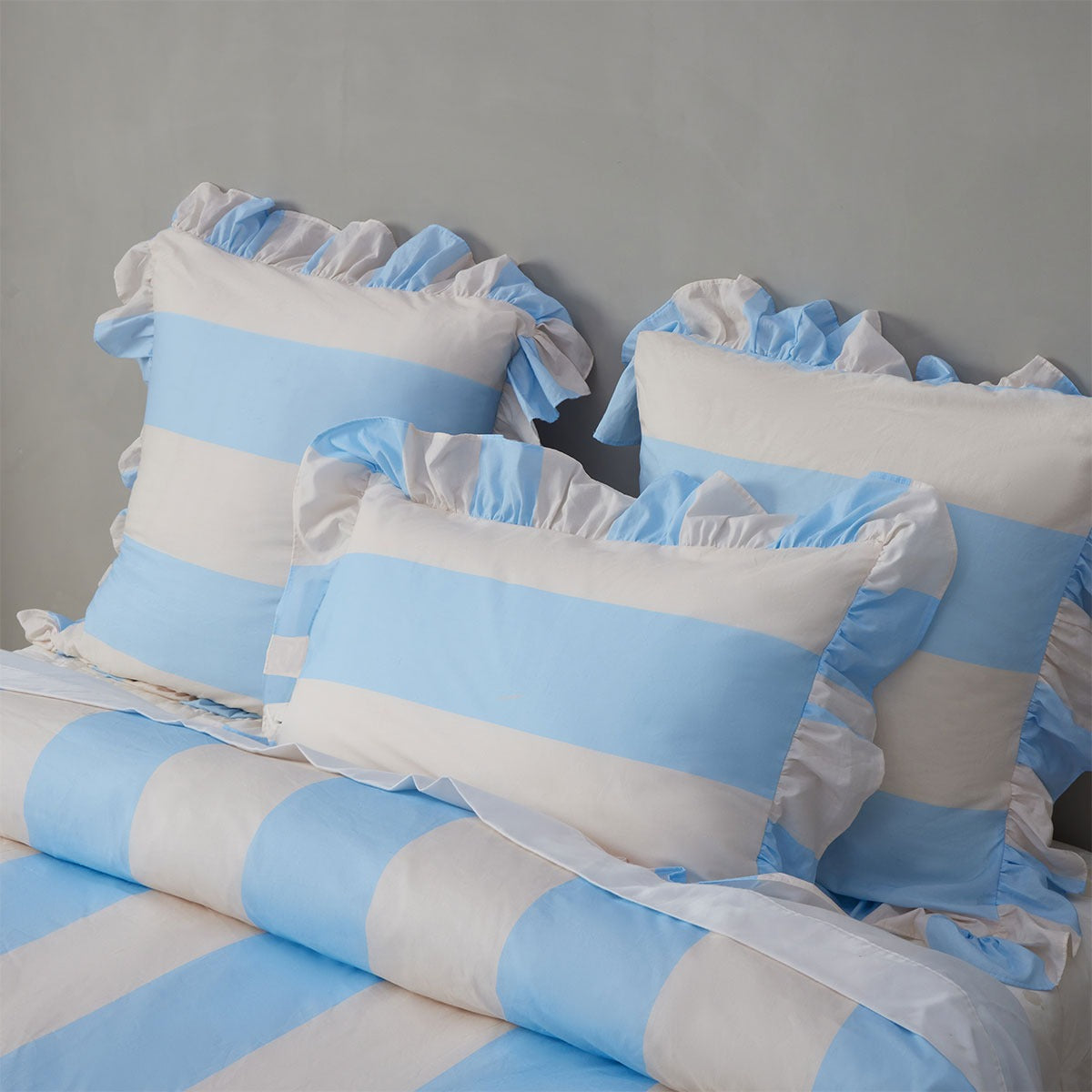 Vintage Design Homewares Candy Ruffle Blue Striped Washed Cotton Quilt Cover Set King