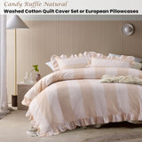 Vintage Design Homewares Candy Ruffle Natural Striped Washed Cotton Quilt Cover SetSuper King - Front View