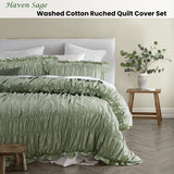 Vintage Design Homewares Haven Sage Washed Cotton Ruched Quilt Cover Set Queen - Front View