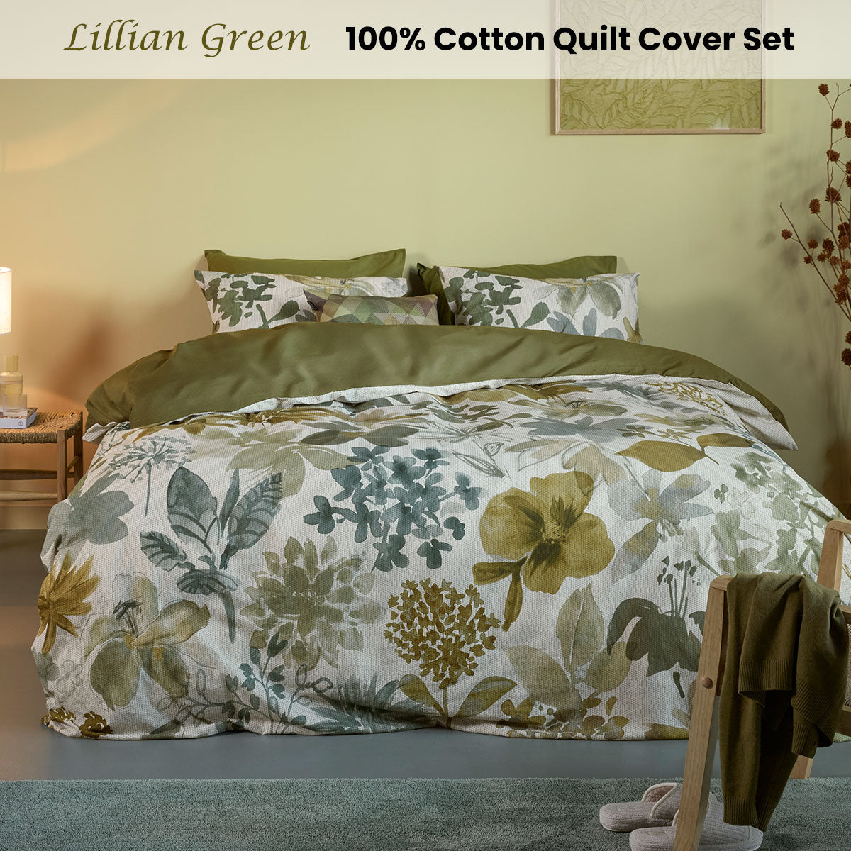 Bedding House Lilian Green 100% Cotton Percale Quilt Cover Set Queen