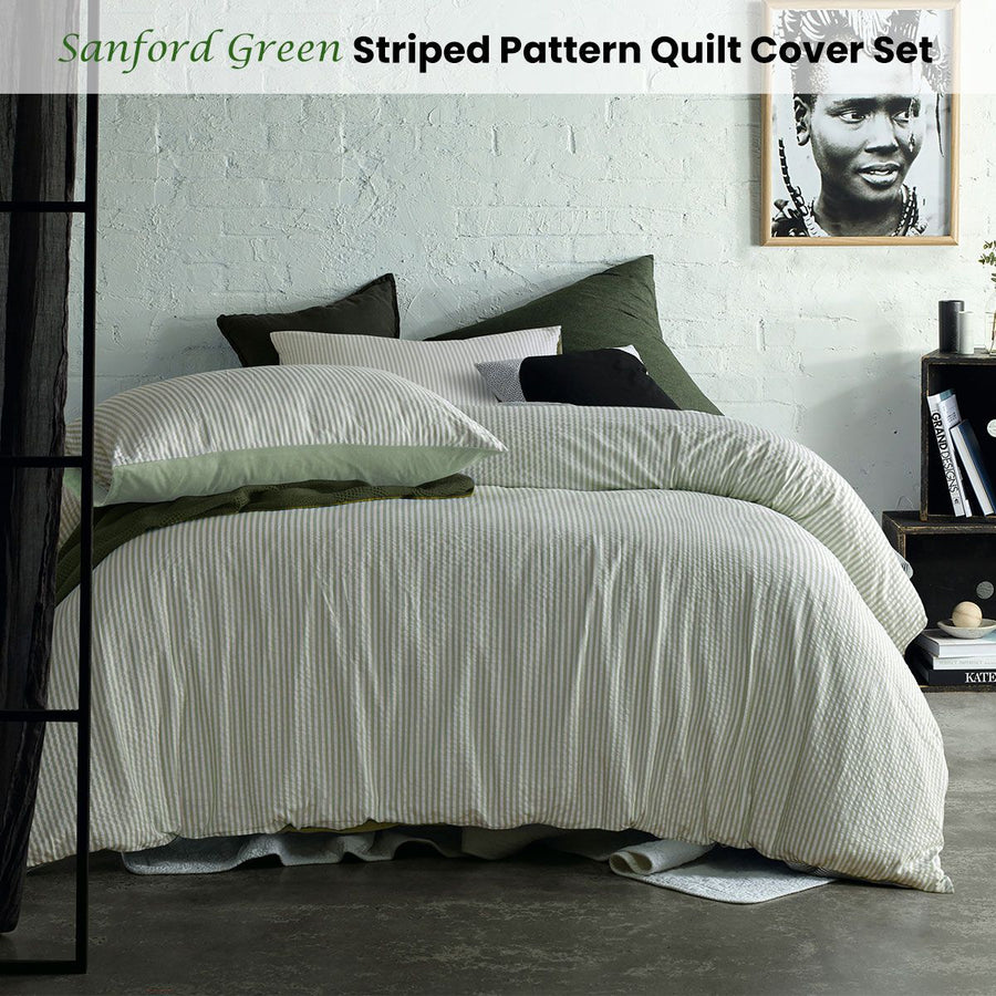 Accessorize Sanford Green Striped Pattern Quilt Cover Set Queen