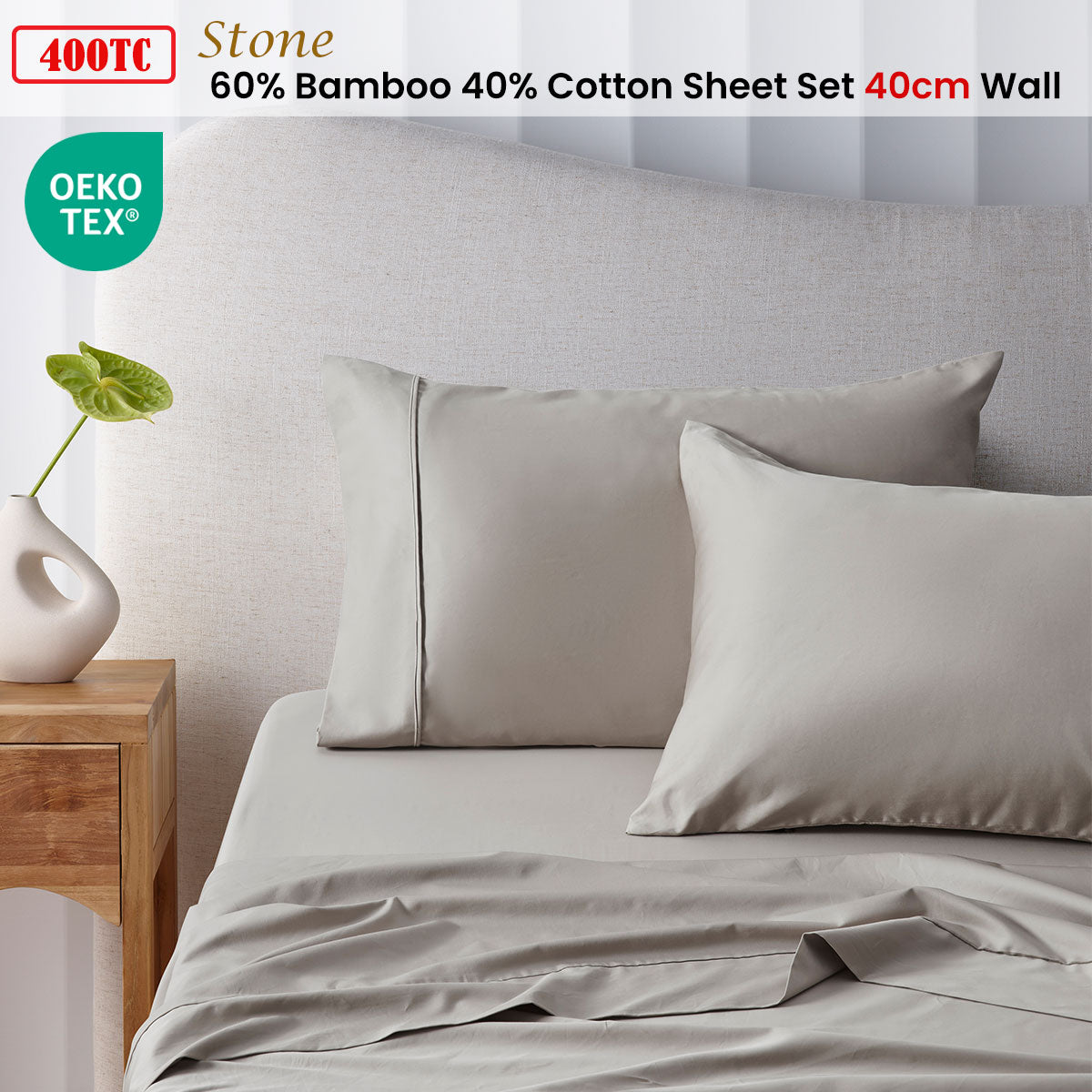 400TC Stone Bamboo Cotton Sheet Set 40cm Wall by Accessorize