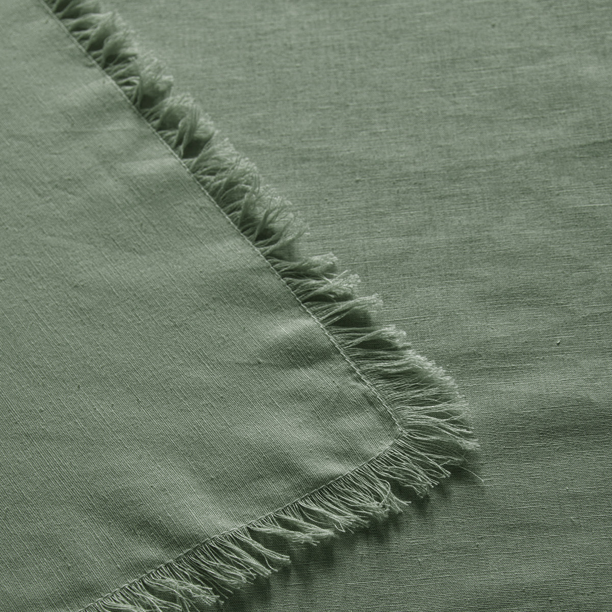 Gypsy Green Fringed Washed Linen Cotton Tablecloth - Vintage Home Decor (150cm x 230cm)