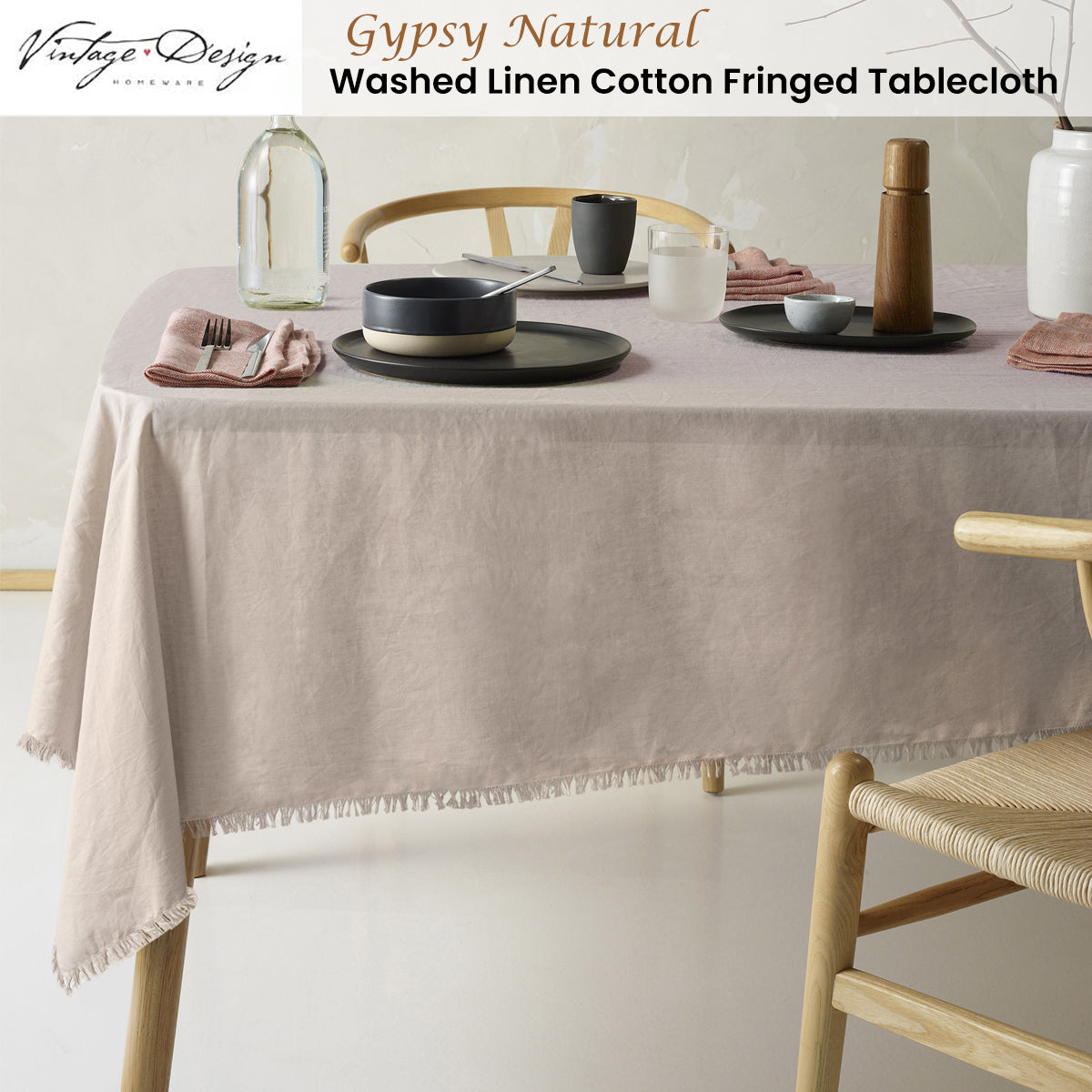 Fringed Natural Linen Cotton Tablecloth for Vintage Dining - 150cm x 230cm