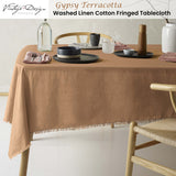 Terracotta Gypsy Fringed Linen Cotton Tablecloth for Vintage Dining - 150cm x 230cm - Front View