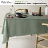 Gypsy Green Fringed Washed Linen Cotton Tablecloth for Vintage-Inspired Dining - 150cm x 300cm
