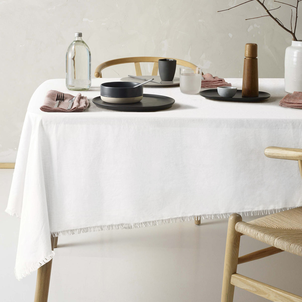 Gypsy White Fringed Linen Cotton Tablecloth - Vintage Design for 8 to 10 Seaters (150cm x 300cm)
