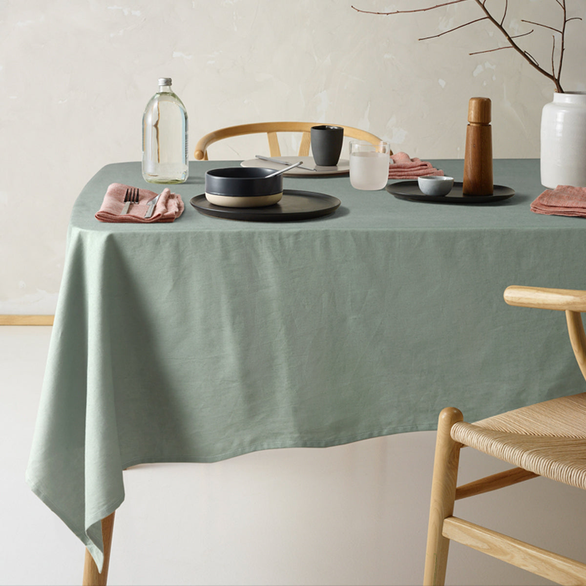 Helm Green Washed Linen Cotton Square Tablecloth - Vintage Design 180cm x 180cm