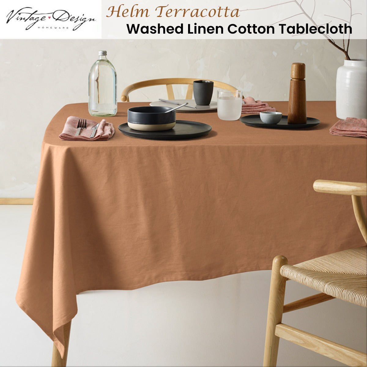 Terracotta Washed Linen Cotton Tablecloth for Vintage-Inspired Dining - 130cm x 180cm