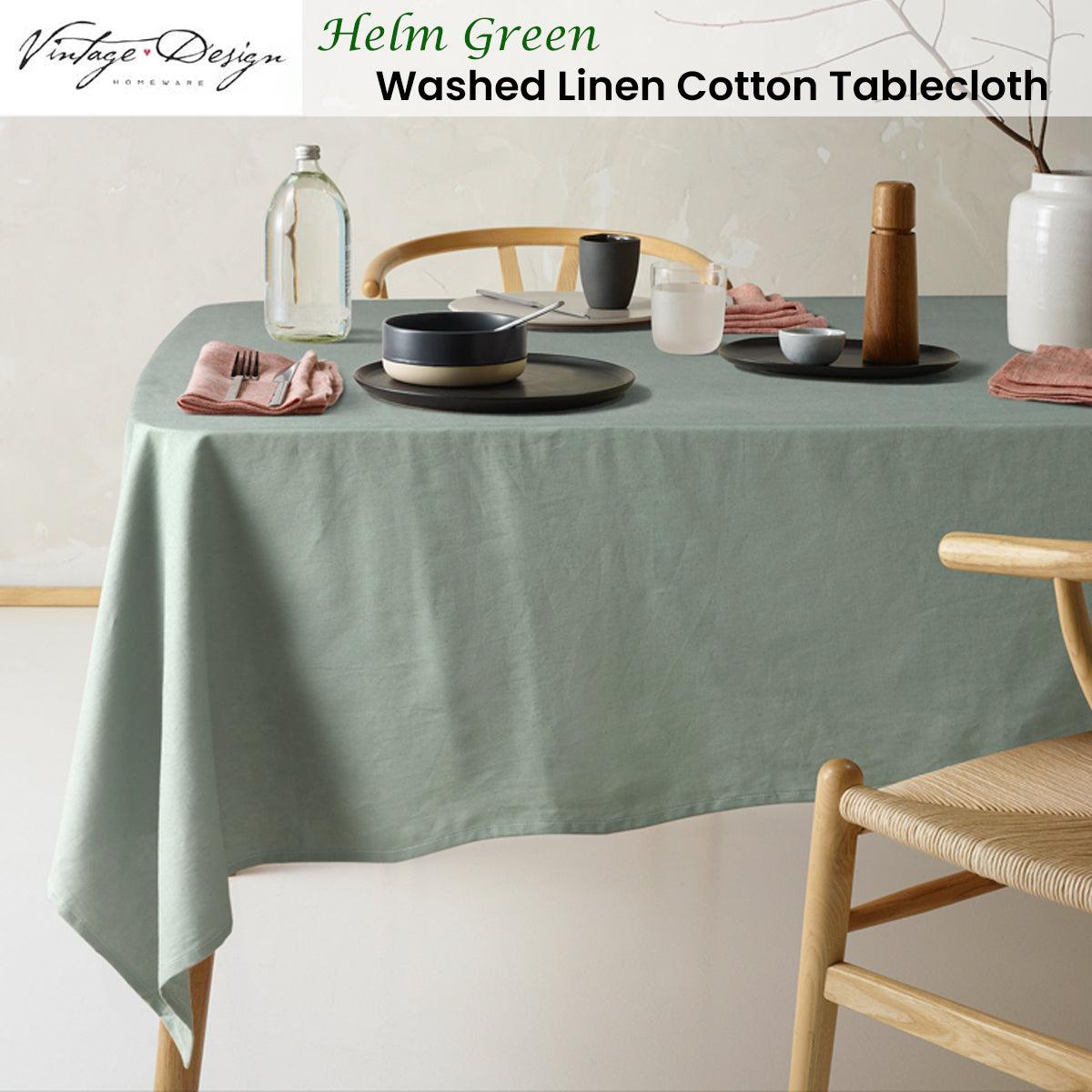 Helm Green Washed Linen Cotton Tablecloth for Vintage Dining - 150cm x 275cm