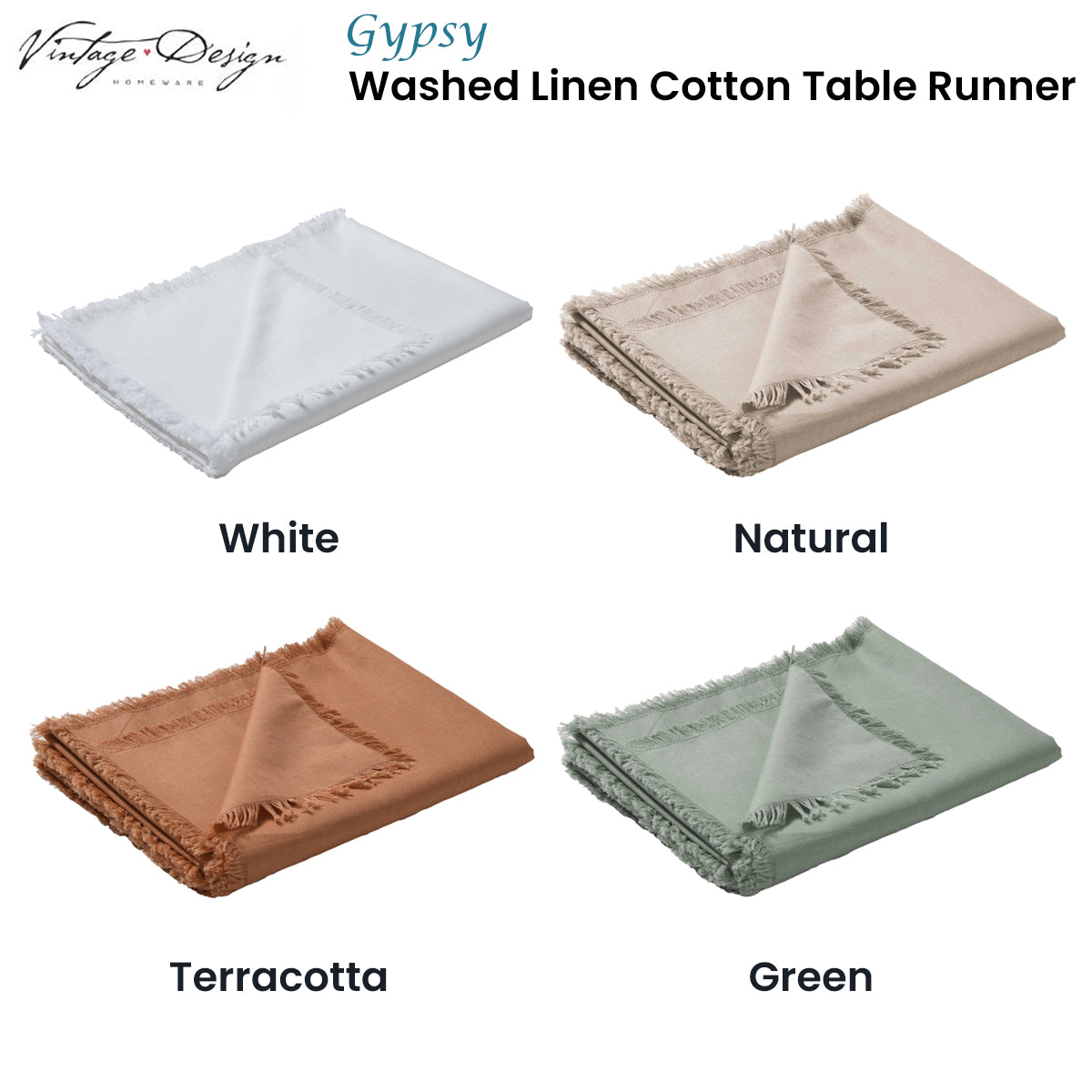 Gypsy Vintage Washed Linen Cotton Table Runner - 35 x 180cm with Delicate Fringe