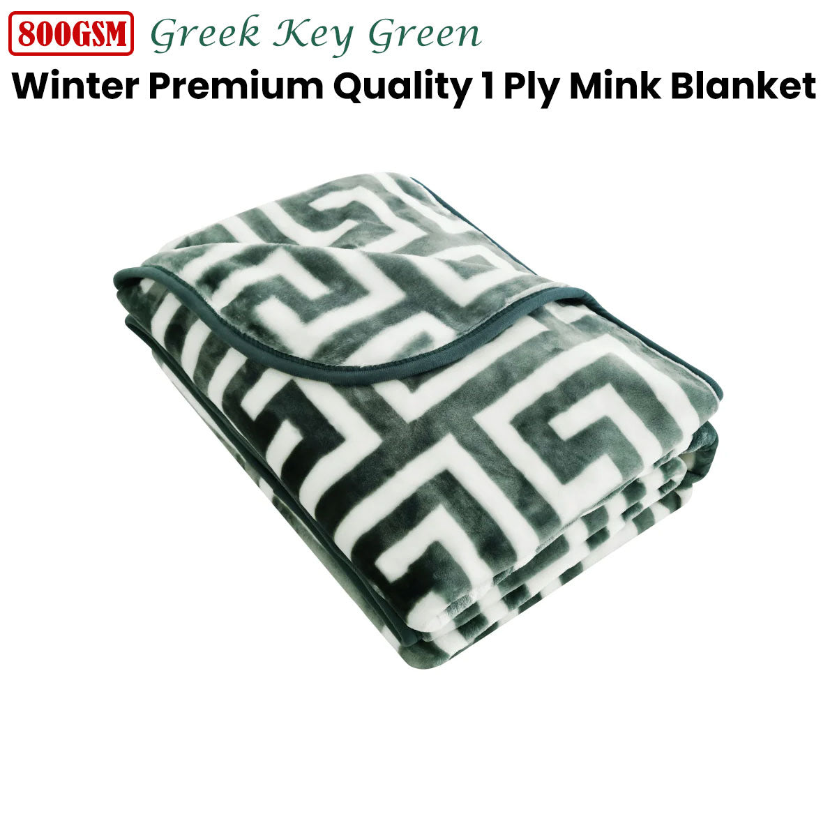 Luxurious 800GSM Greek Key Green 1 Ply Mink Blanket - Double Size Winter Comfort