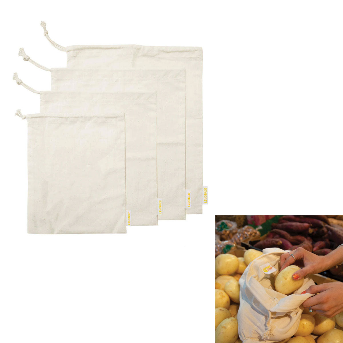 J Elliot Home Eco-Friendly Muslin Storage Bag Set - Lemonade Karma Collection (Set of 4)