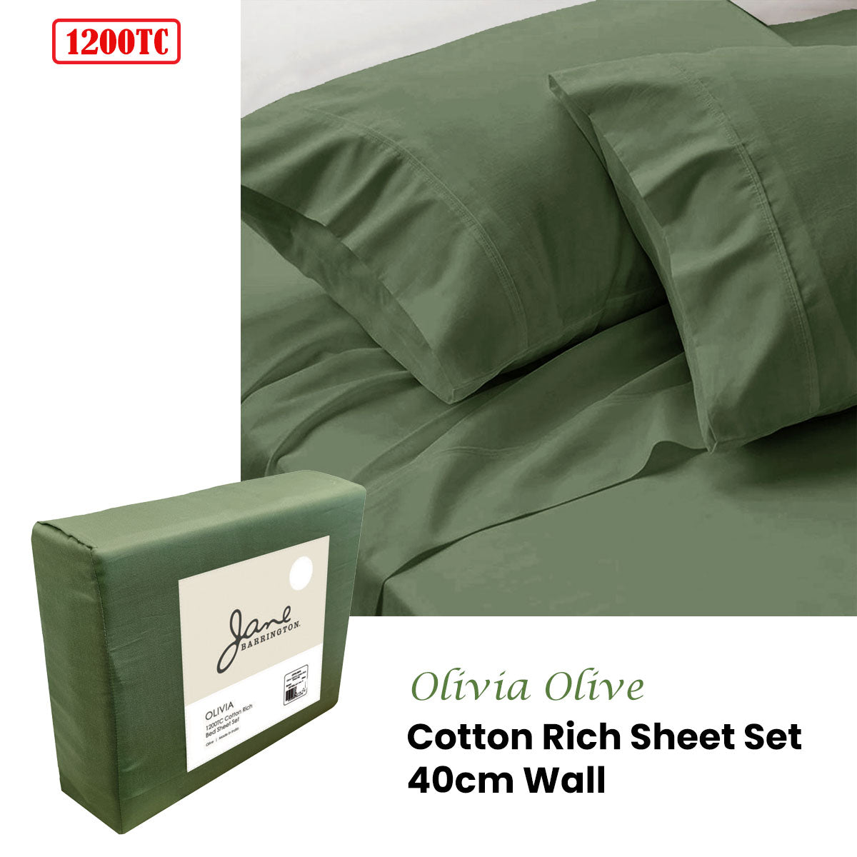 Jane Barrington Luxurious 1200TC Olive Cotton Blend Sheet Set for Queen Bed