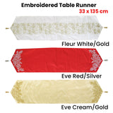 Embroidered Faux Silk Table Runner 33 x 135 cm Fleur White Gold - Front View