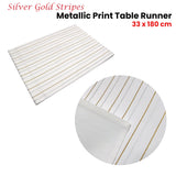 Silver Gold Stripes Cotton Metallic Print Table Runner 33 x 180 cm - Front View