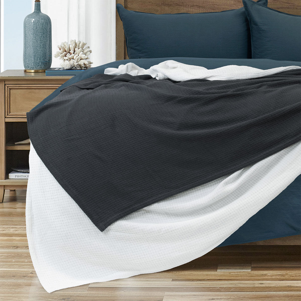 Algodon Sophie Cotton Waffle Blanket Queen 245x240cm Charcoal