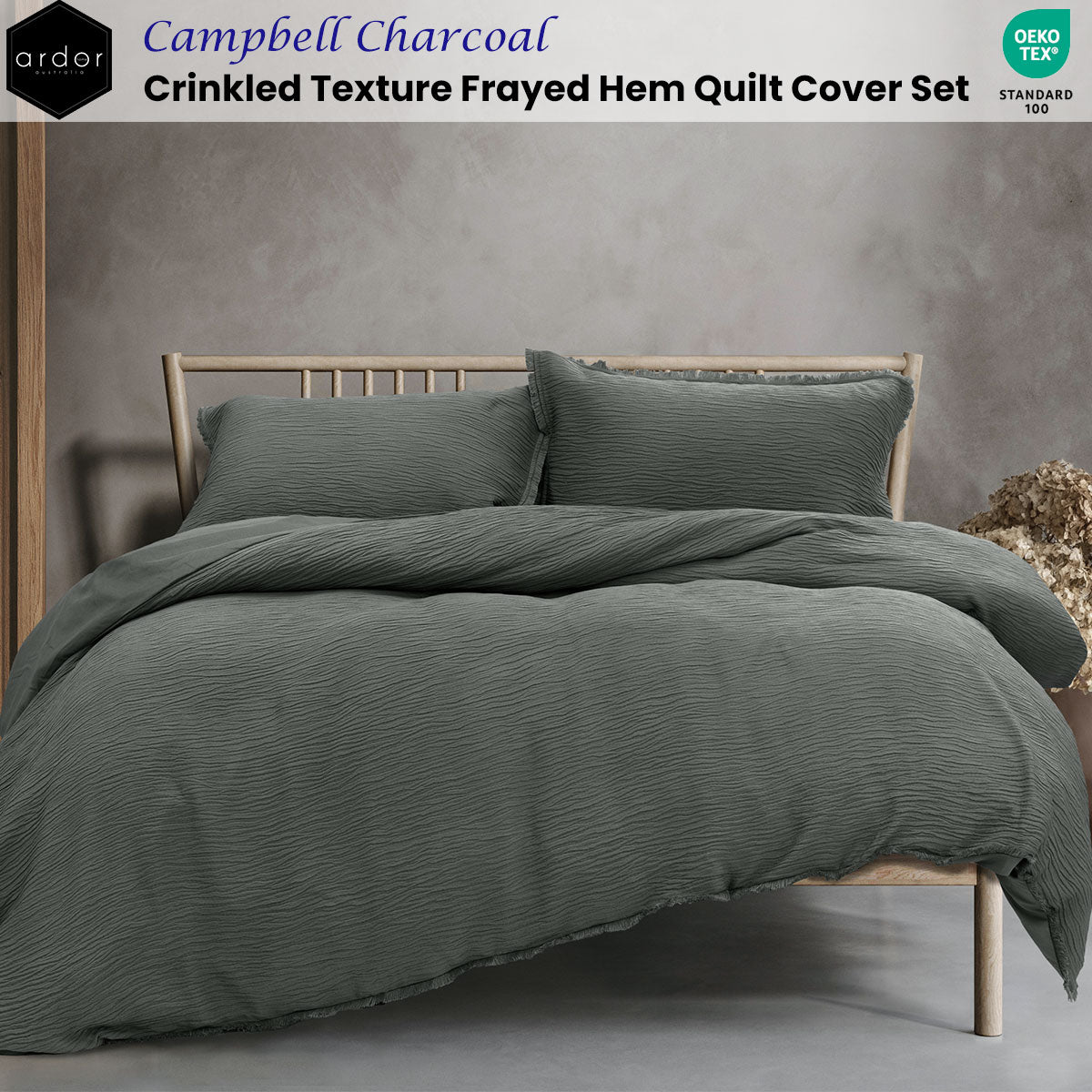 Ardor Campbell Vintage Charcoal Crinkled Quilt Cover Set - King Size