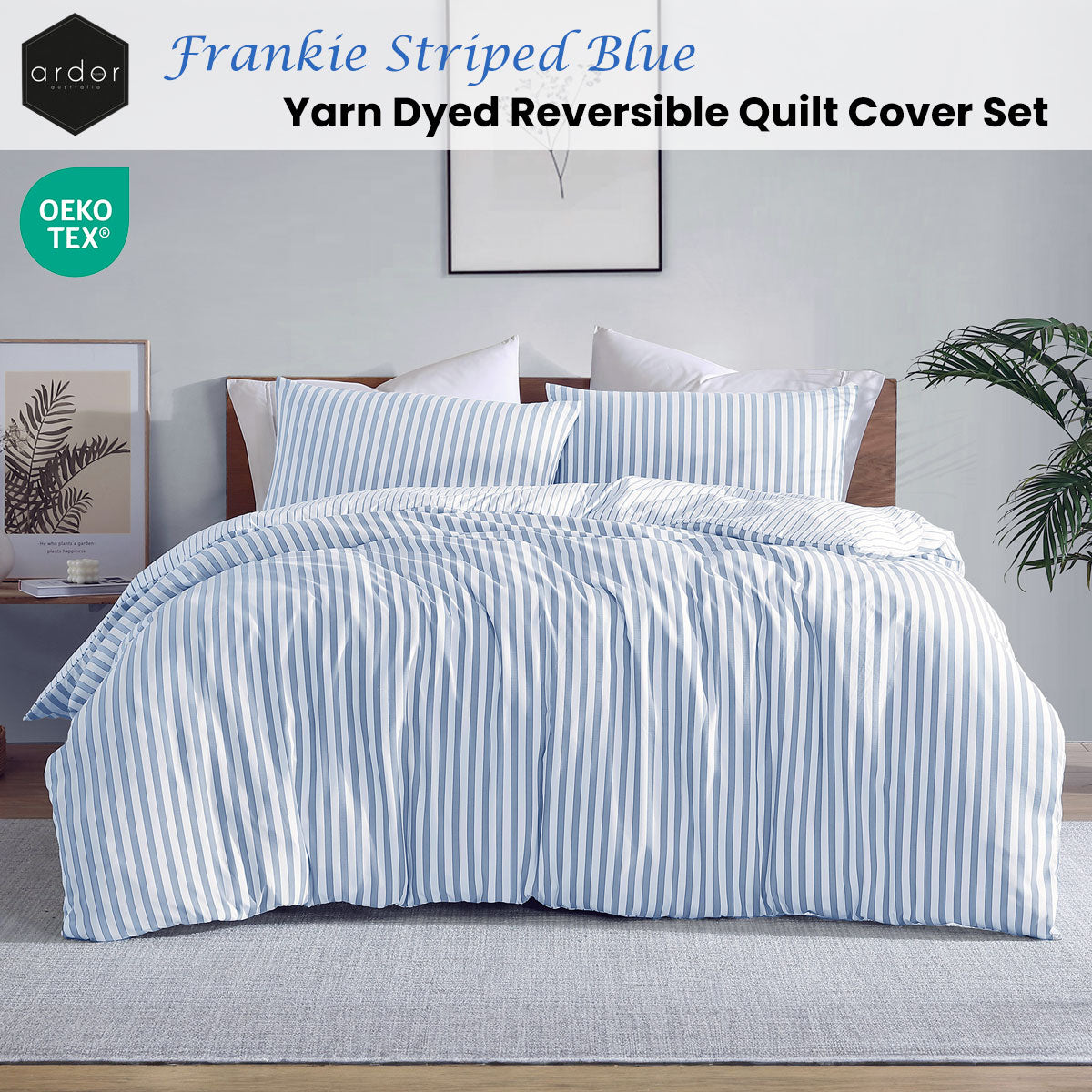 Ardor Frankie Blue Stripe Yarn Dyed Reversible Quilt Cover Set Queen