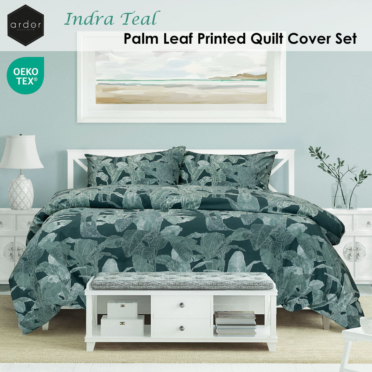 Ardor Indra Teal Palm Leaf Printed Quilt Cover Set King